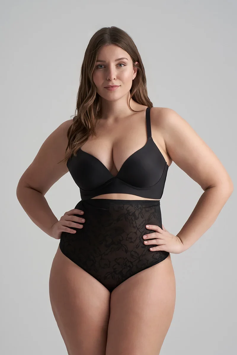 ByeBra – Schwarze Shapewear mit Spitze, hochtaillierter Spitzen-Shapewear-Tanga