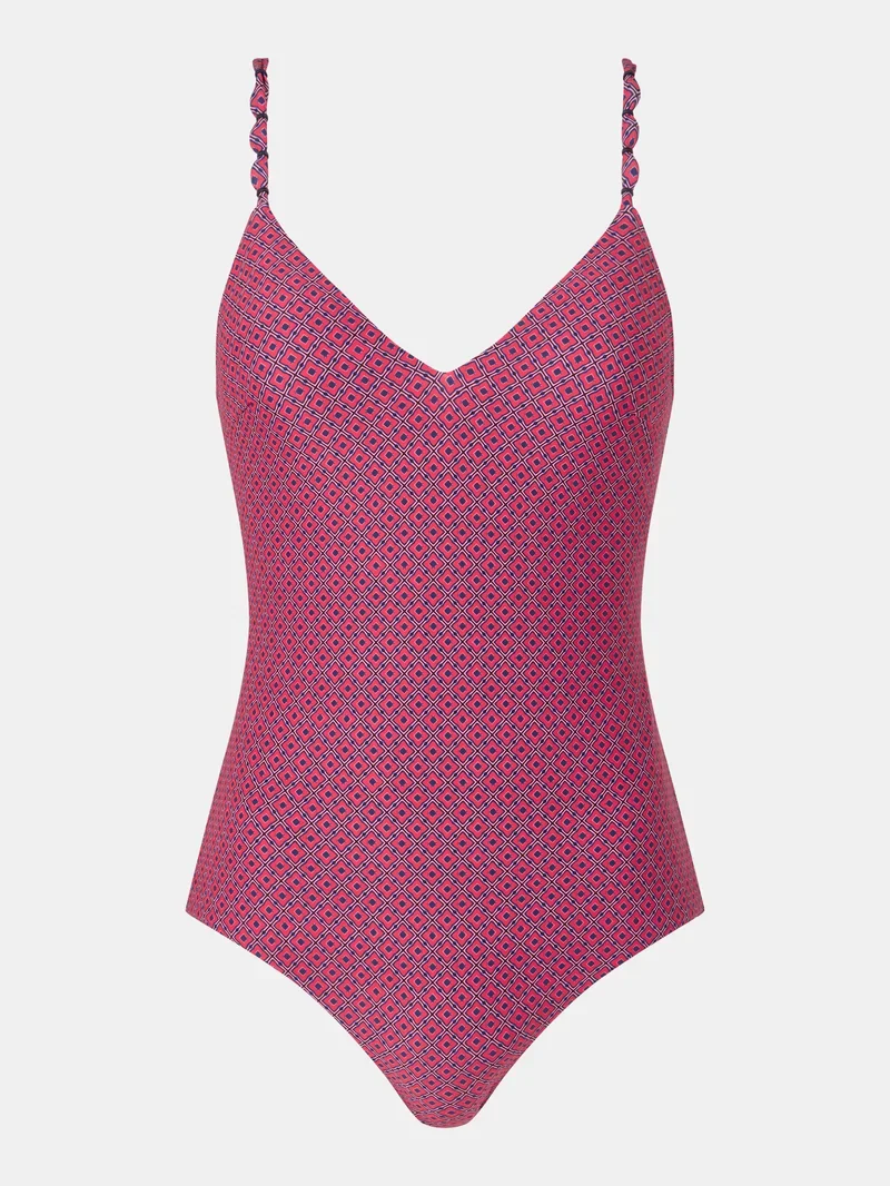 Femilet Swimwear – Tidra Bügelloser, tief ausgeschnittener T-Shirt-Badeanzug mit Krawattendruck