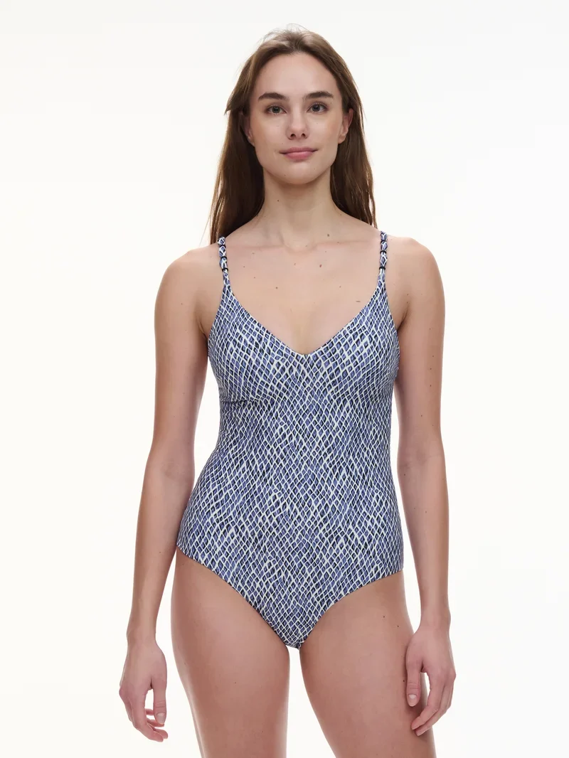 Femilet Swimwear – Tidra Bügelloser, tief ausgeschnittener T-Shirt-Badeanzug, Blaues Reptil