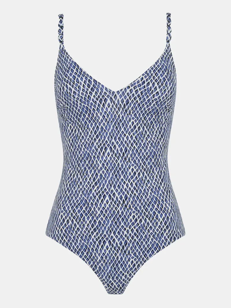Femilet Swimwear – Tidra Bügelloser, tief ausgeschnittener T-Shirt-Badeanzug, Blaues Reptil